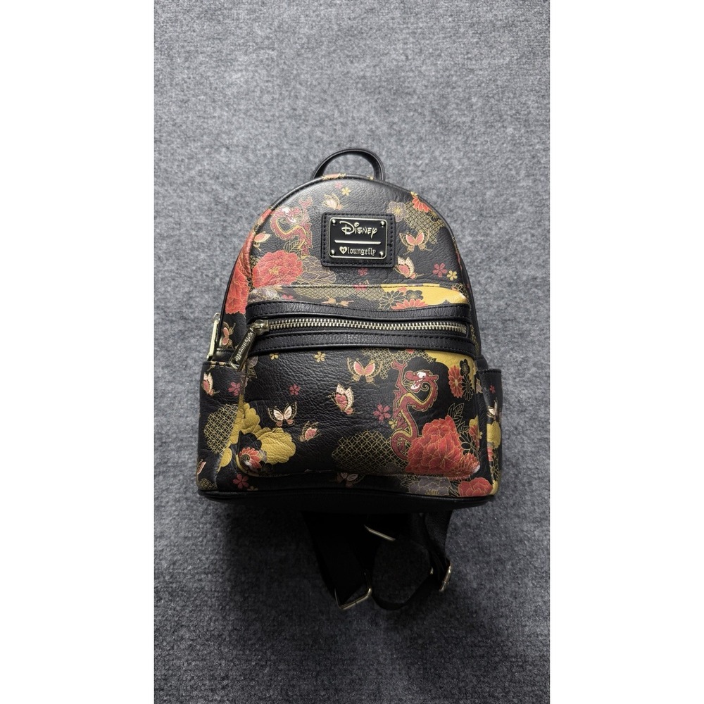 Loungefly Mushu Heart Logo Mini Backpack Disney Mulan Black Faux Leather Rare